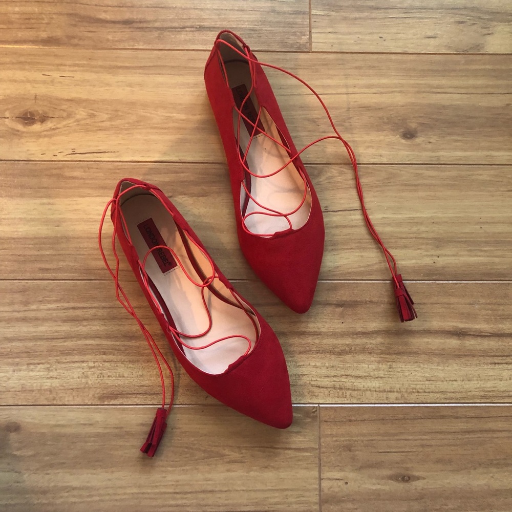 Red Lace-Up Pointed-Toe Flats